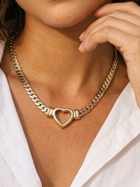 18K Gold Plated Heart Chunky Cuban Chain Necklace Stainless Steel Womens